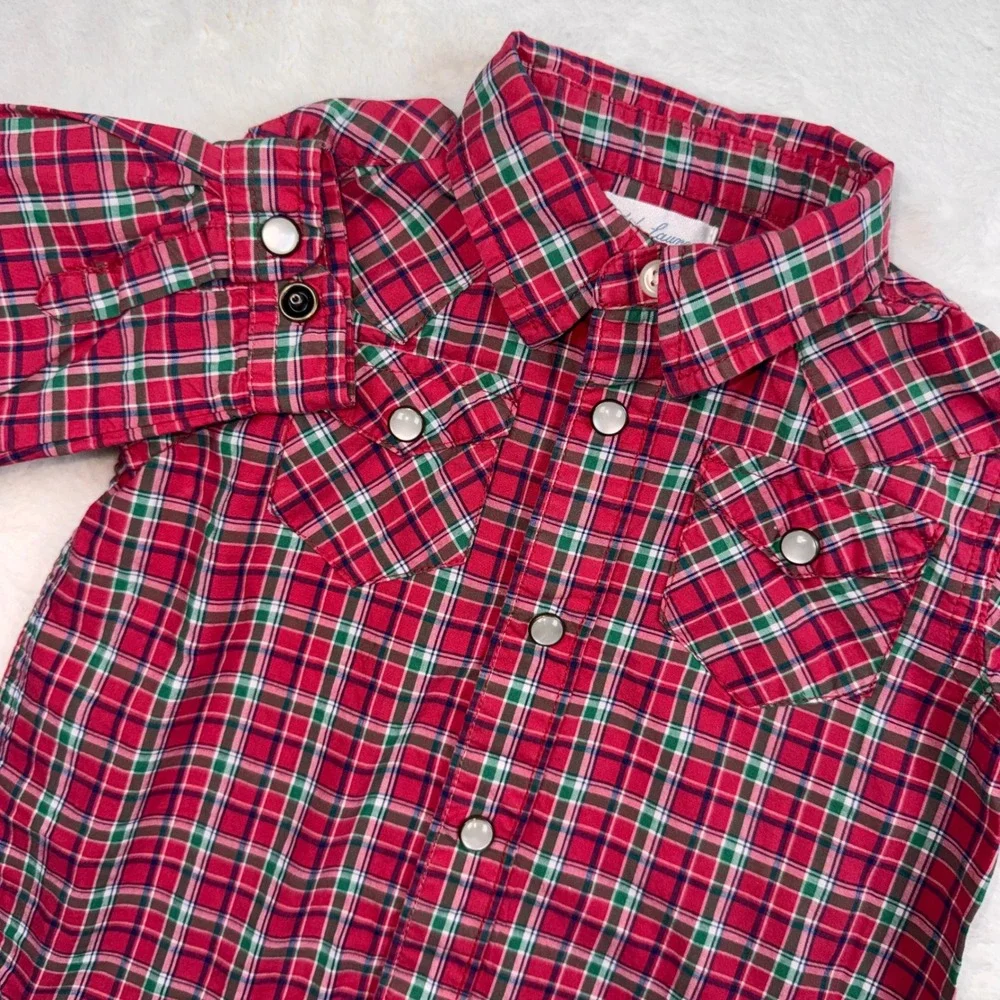 Ralph Lauren Western Shirt Boys 9M Red Green Plaid Pearl Snap Long Sleeve Cotton